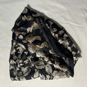 Vintage Echo Silk Scarf Black with Beige Tan and Purple Flowers  59” by 10”